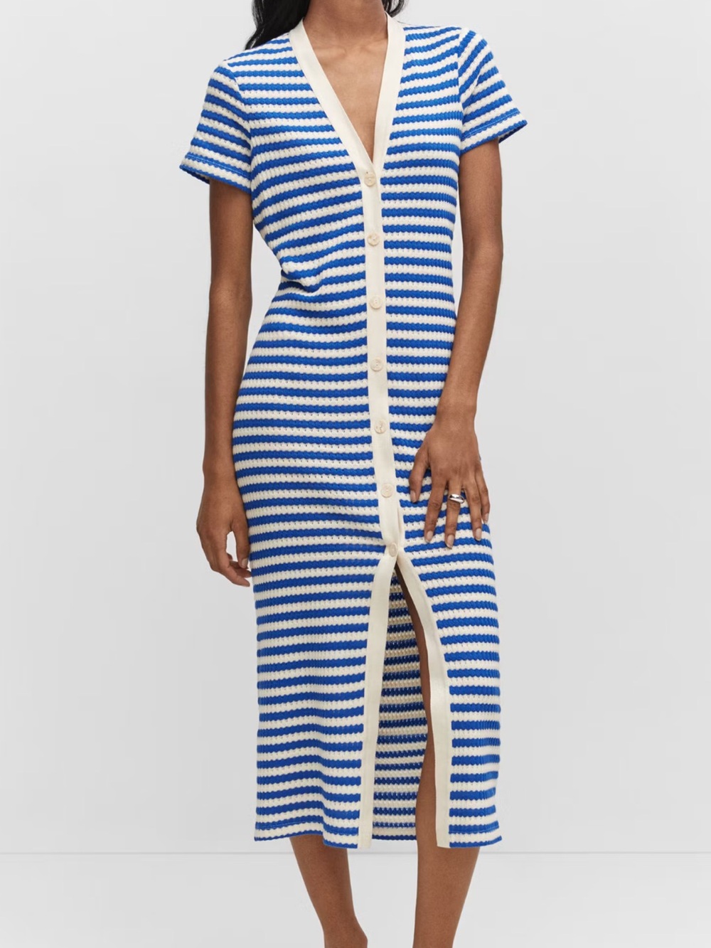 Mango Blue and White Striped Short Sleeve Button-Front Midi Dress Women’s xs